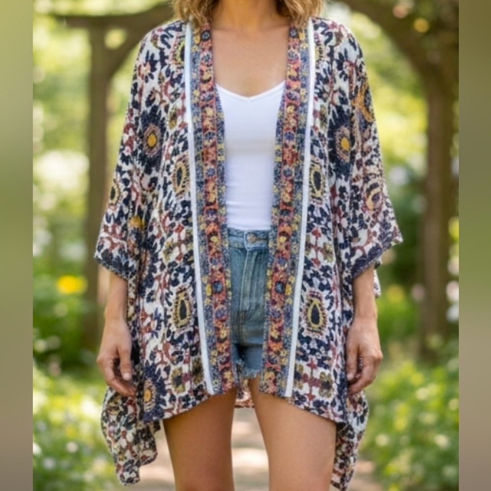 Colleen Lopez Womens Retro Flowy Abstract Bohemian Pattern Kimono, M/L Oversized